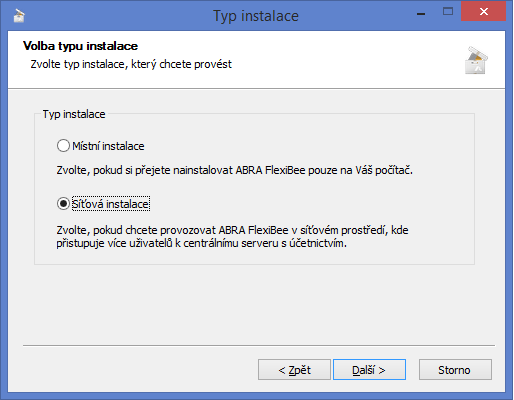 Okno volby typu instalace