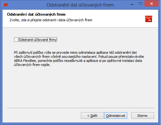 Volba odinstalace dat účtovaných firem